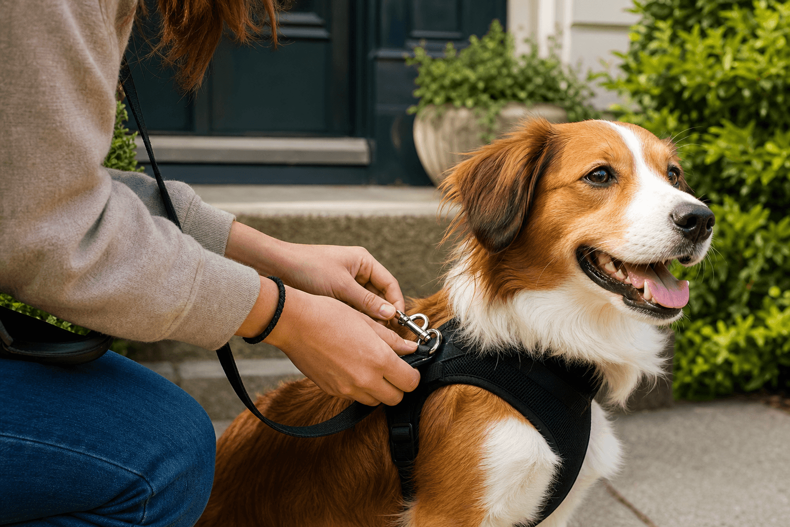 A dog harness being checked before a walk